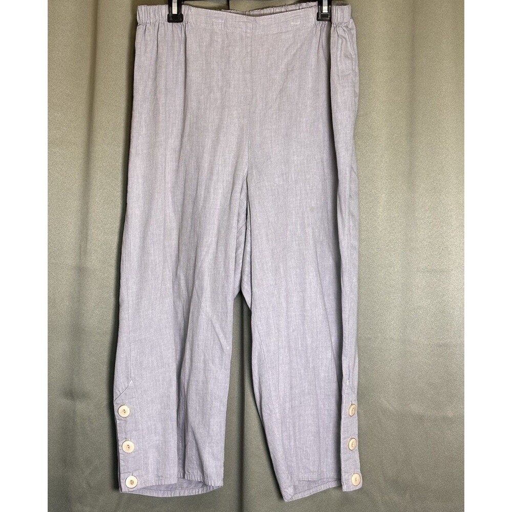FLAX Linen Pants Large Gray Relaxed Wide Leg Trousers Lagenlook Boho Buttons